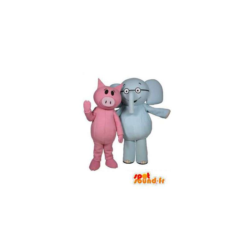 Mascot varken roze en blauwe olifant. Pak van 2 - MASFR004721 - Pig Mascottes