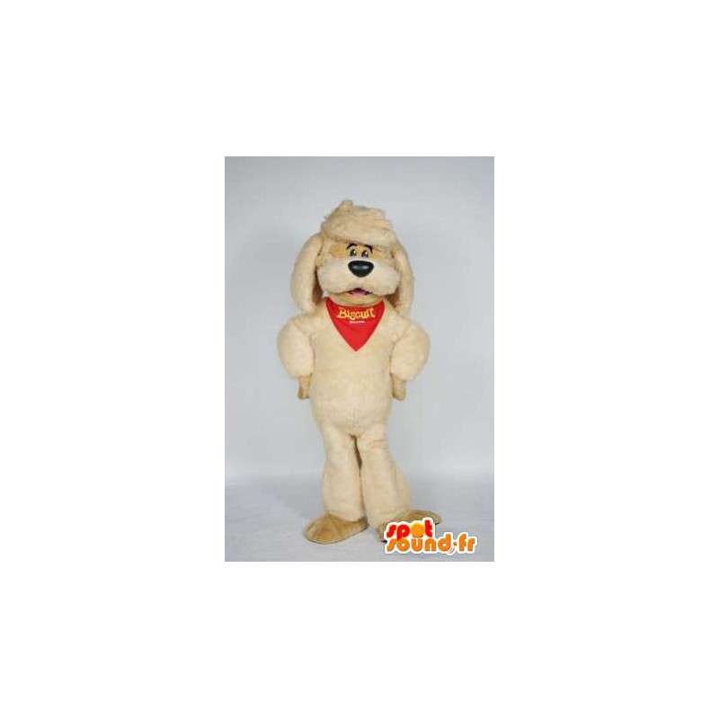 Beige hund maskot med en bandana og lue - MASFR004738 - Dog Maskoter