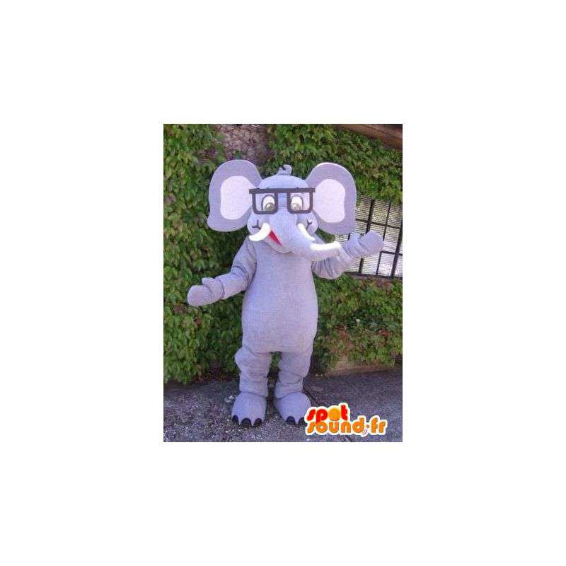 Mascotte grijze olifant met een bril. Elephant Suit - MASFR004792 - Elephant Mascot