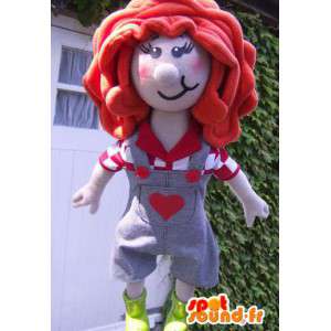 Rödhårig tjejmaskot klädd i overaller - Spotsound maskot