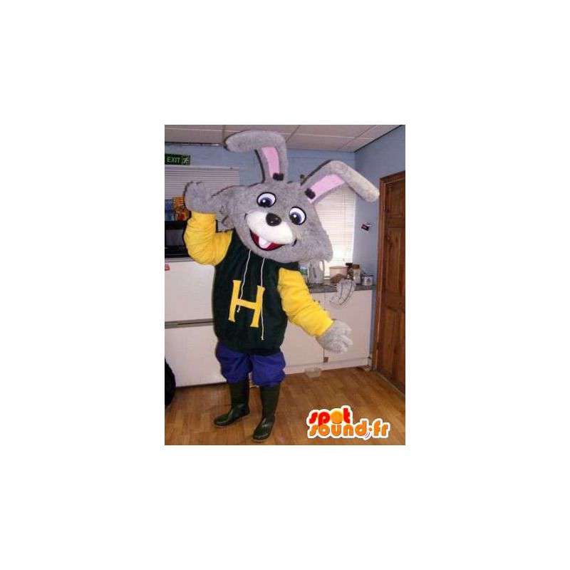 Cinza coelho mascote moda vestida - tamanhos personalizados - MASFR004818 - coelhos mascote