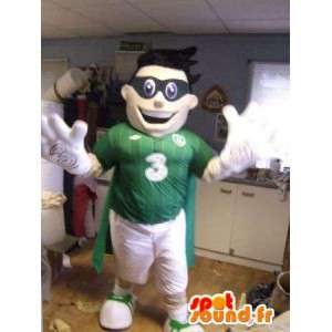 Mascot grün und weiß mit einer schwarzen Maske Sport - MASFR004835 - Sport-Maskottchen