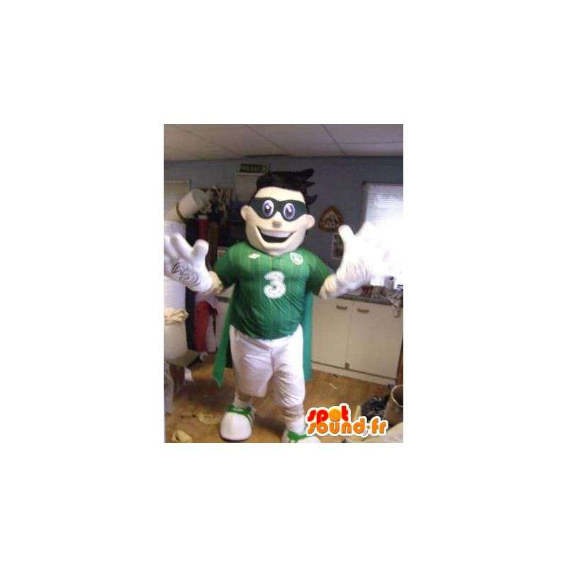 Mascot grün und weiß mit einer schwarzen Maske Sport - MASFR004835 - Sport-Maskottchen