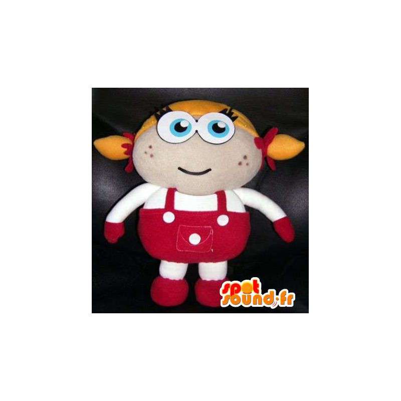 Mascot blonde girl in overalls red. Deedee - MASFR004839 - Mascots boys and girls