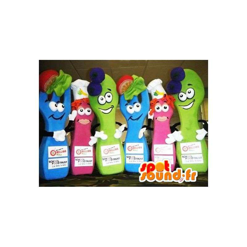 Mascotte cibo, 2 blu, 2 rosa, 2 verde. Confezione da 6 - MASFR004852 - Mascotte di fast food