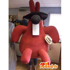 Red rabbit mascot with big teeth, how big plush - MASFR004855 - Rabbit mascot