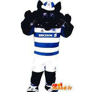 Μαύρη γάτα μασκότ σε μπλε και λευκά αθλητικά ρούχα - MASFR004857 - Γάτα Μασκότ