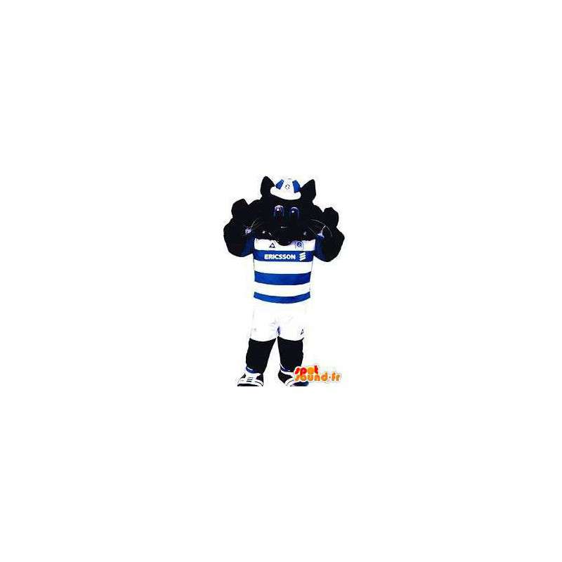 Czarny kot maskotka w kolorze niebieskim i białym stroju sportowego - MASFR004857 - Cat Maskotki