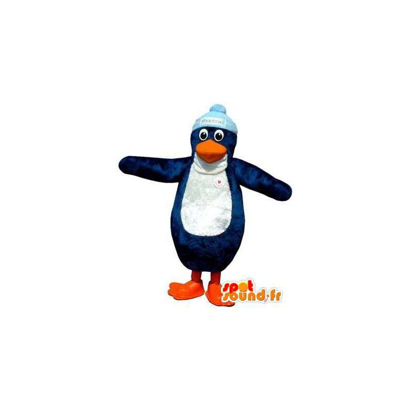 Blå och vit pingvinmaskot med en keps - Spotsound maskot