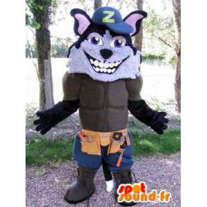 Wolf maskot klädd som en arbetare. Muskulös vargdräkt -