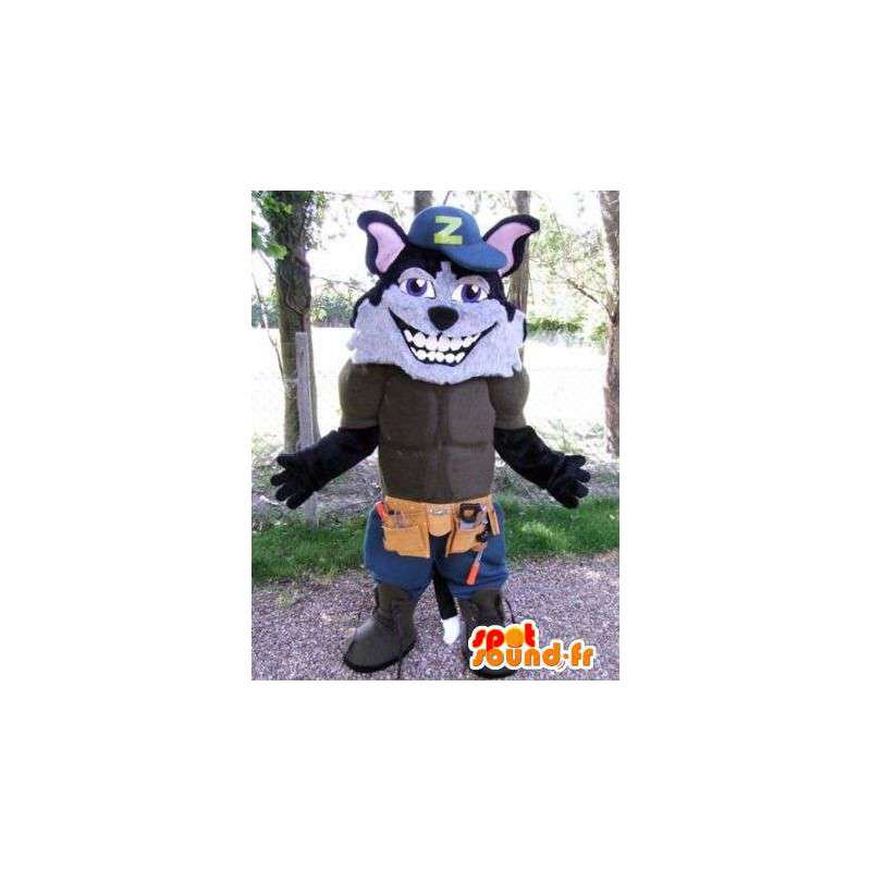 Lobo mascote vestido como um operário. Terno musculoso lobo - MASFR004882 - lobo Mascotes