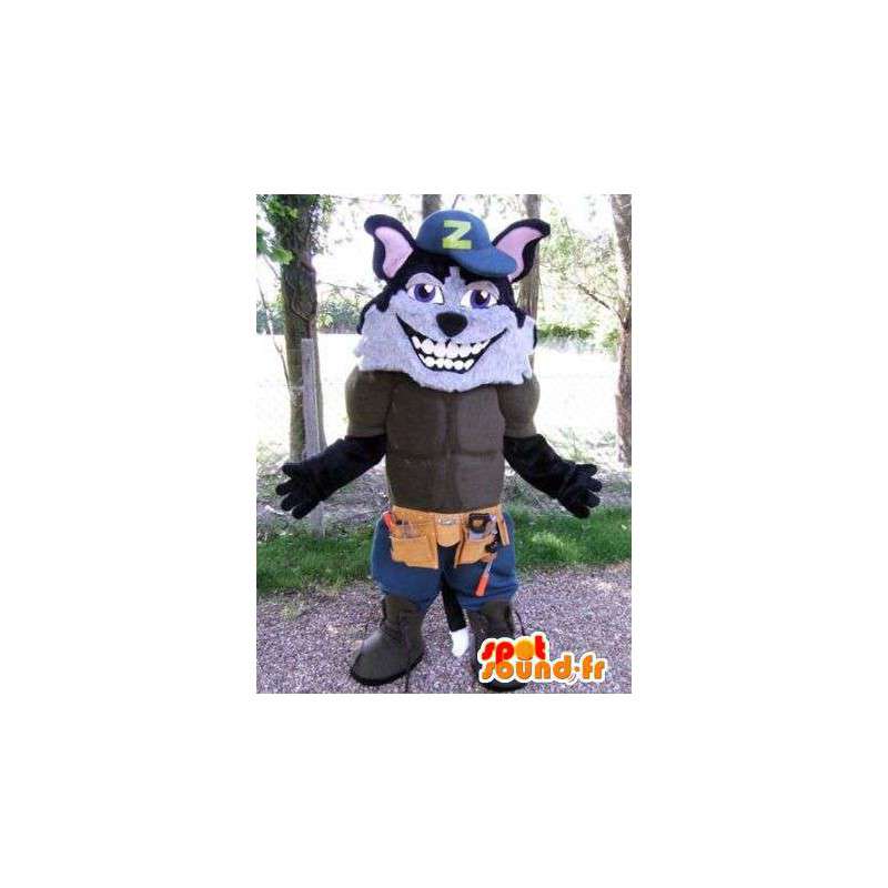 Wolf mascotte gekleed als een arbeider. Suit gespierd wolf - MASFR004882 - Wolf Mascottes