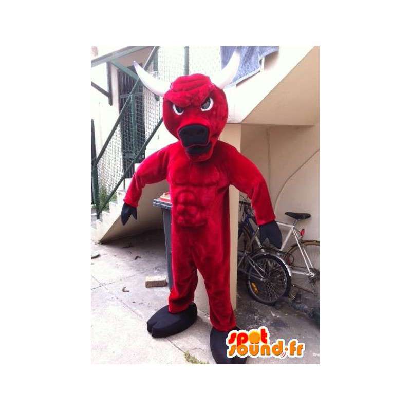 Mascotte de taureau rouge et noir, avec des cornes blanches - MASFR004893 - Mascotte de Taureau