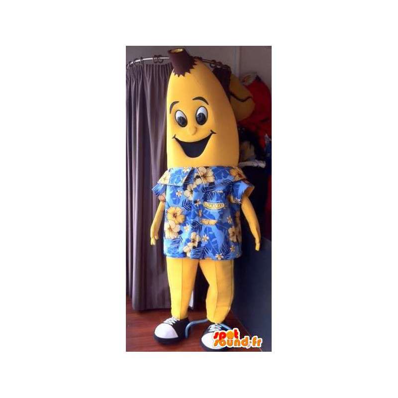 Mascotte de banane jaune, géante en chemise hawaïenne - MASFR004896 - Mascotte de fruits