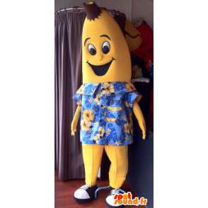 Mascotte de banane jaune, géante en chemise hawaïenne - MASFR004896 - Mascotte de fruits