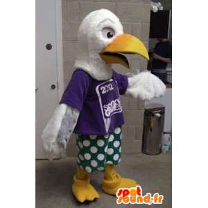 Mascot pássaro branco gigante vestido de verde e roxo - MASFR004409 - aves mascote