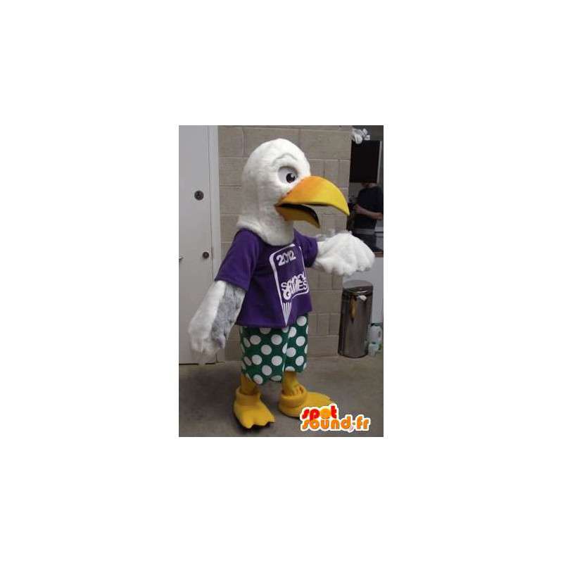 Giant white bird mascot dressed in green and purple - MASFR004409 - Mascot of birds