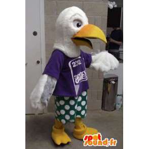 Giant white bird mascot dressed in green and purple - MASFR004409 - Mascot of birds
