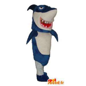 青と白のサメのマスコット。巨大なサメのコスチューム-MASFR004414-サメのマスコット