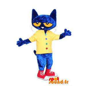Blå kattmaskot klädd i gult och rött - Spotsound maskot