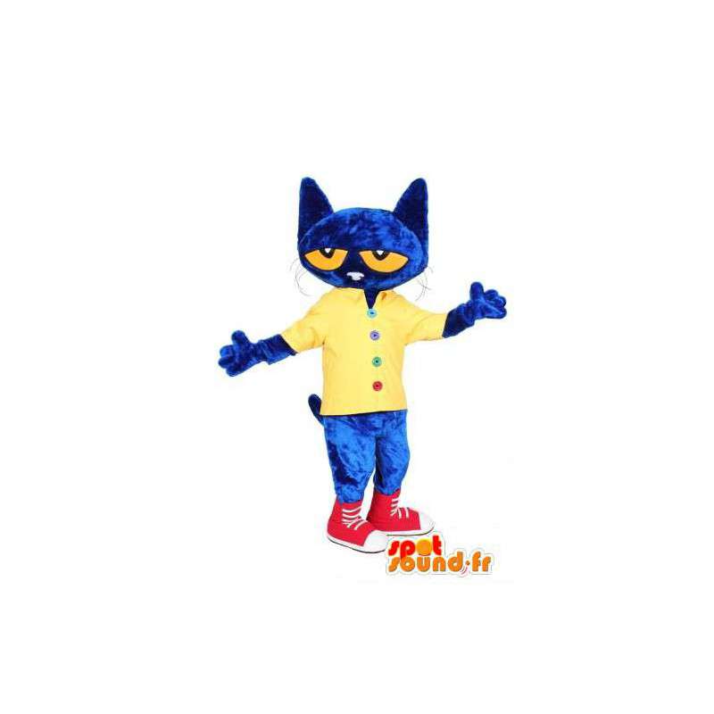 Blå kattmaskot klädd i gult och rött - Spotsound maskot