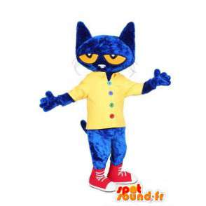 Blaue Katze Maskottchen gekleidet in gelb und rot - MASFR004482 - Katze-Maskottchen