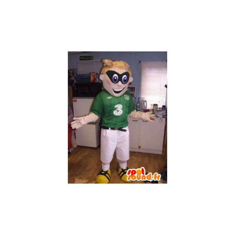 Mascot sportiva verde e bianco con una maschera nera - MASFR004919 - Mascotte sport