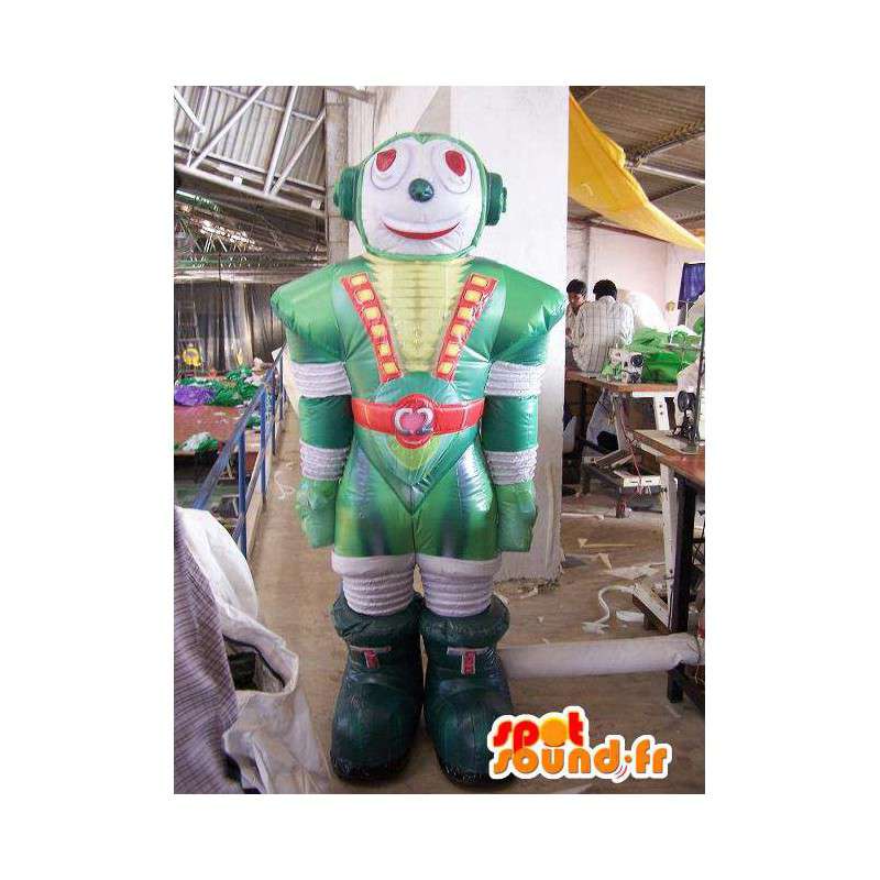 Mascote verde robô, balão inflável branco e vermelho. - MASFR004974 - Mascottes VIP