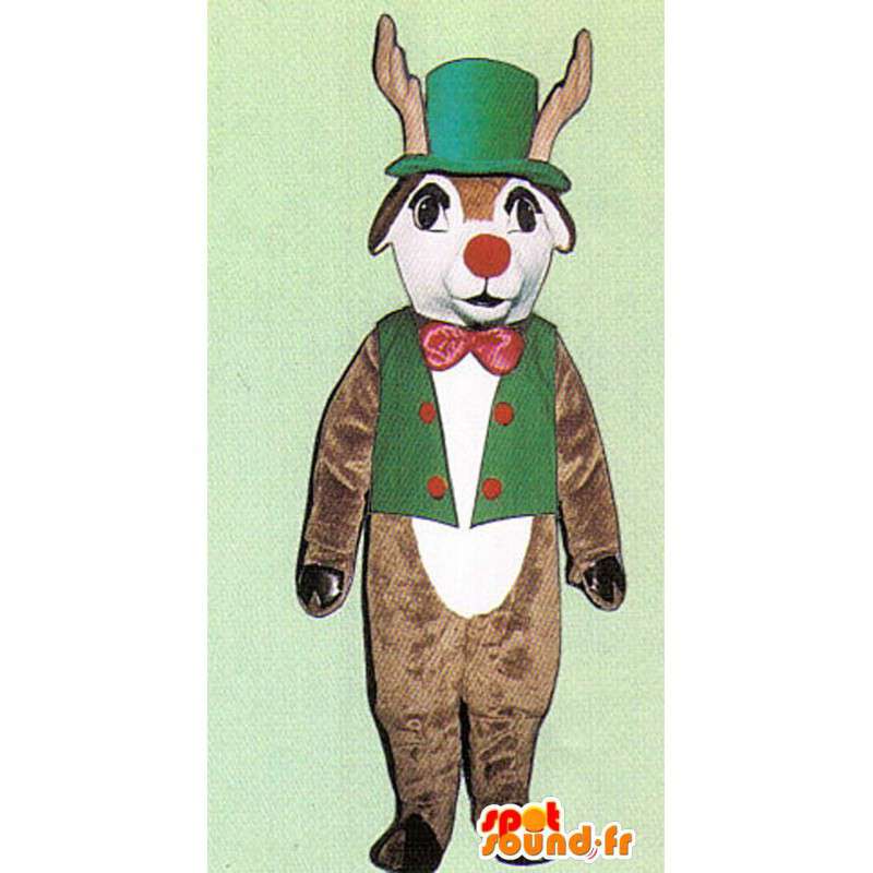 Mascotte de cerf marron blanc avec gilet et chapeau verts - MASFR005046 - Mascottes Cerf et Biche