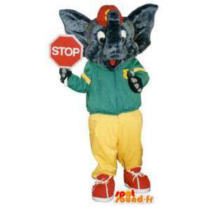 Déguisement mascotte éléphant habillé avec panneau-stop - MASFR005186 - Mascottes Elephant