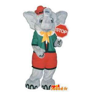 Mascotte éléphant habillé chapeau avec panneau-stop - MASFR005187 - Mascottes Elephant