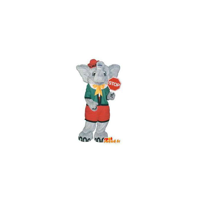 Μασκότ ντυμένος καπέλο ελέφαντα με stop-σύμβολο - MASFR005187 - Ελέφαντας μασκότ