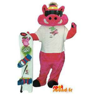 Mascotte cochonne surfeur avec accessoires déguisement adulte - MASFR005203 - Mascottes Cochon