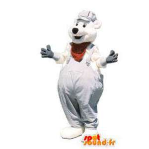 Costume witte beer mascotte met overalls en cap - MASFR005233 - Bear Mascot