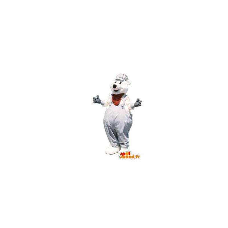 Isbjørn maskot kostume med overall og hue - Spotsound maskot