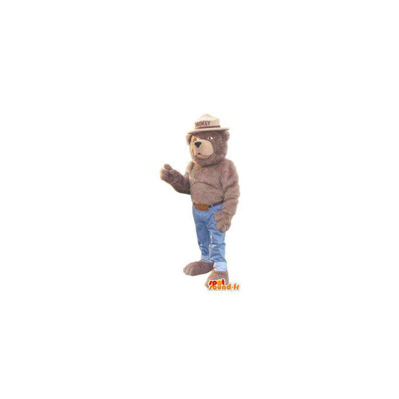 Mascot lässigen Jeans und brauner Bär mit Hut - MASFR005249 - Bär Maskottchen